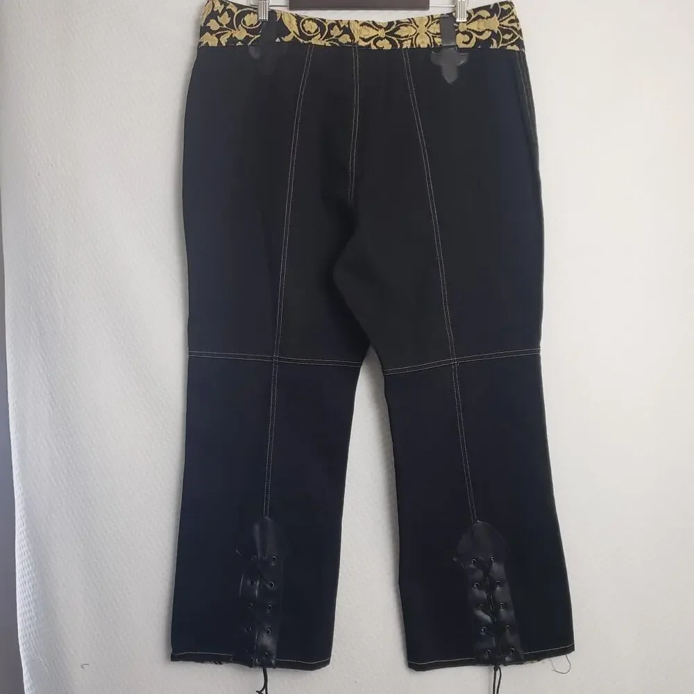 Womens Western Rodeo Bootcut Jeans Black w/ Gold Embroidery & Faux Leather Sz 22